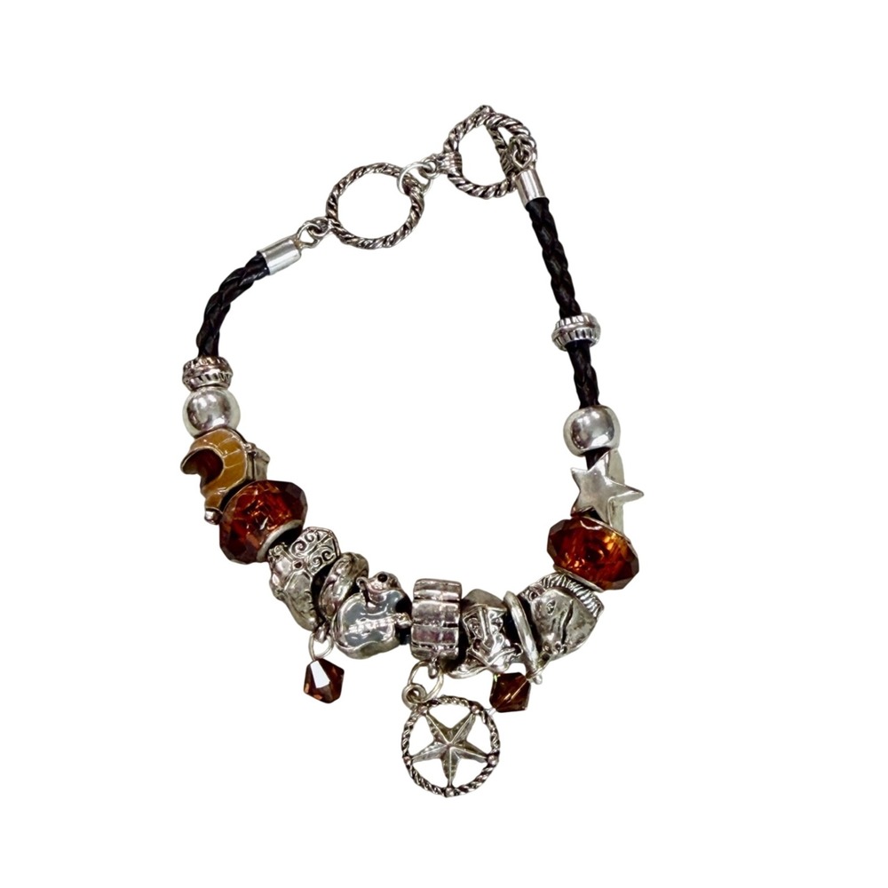 Western Charm Bracelet Braided Leather Horse Cowboy Boot Star Amber Beads 8.5in